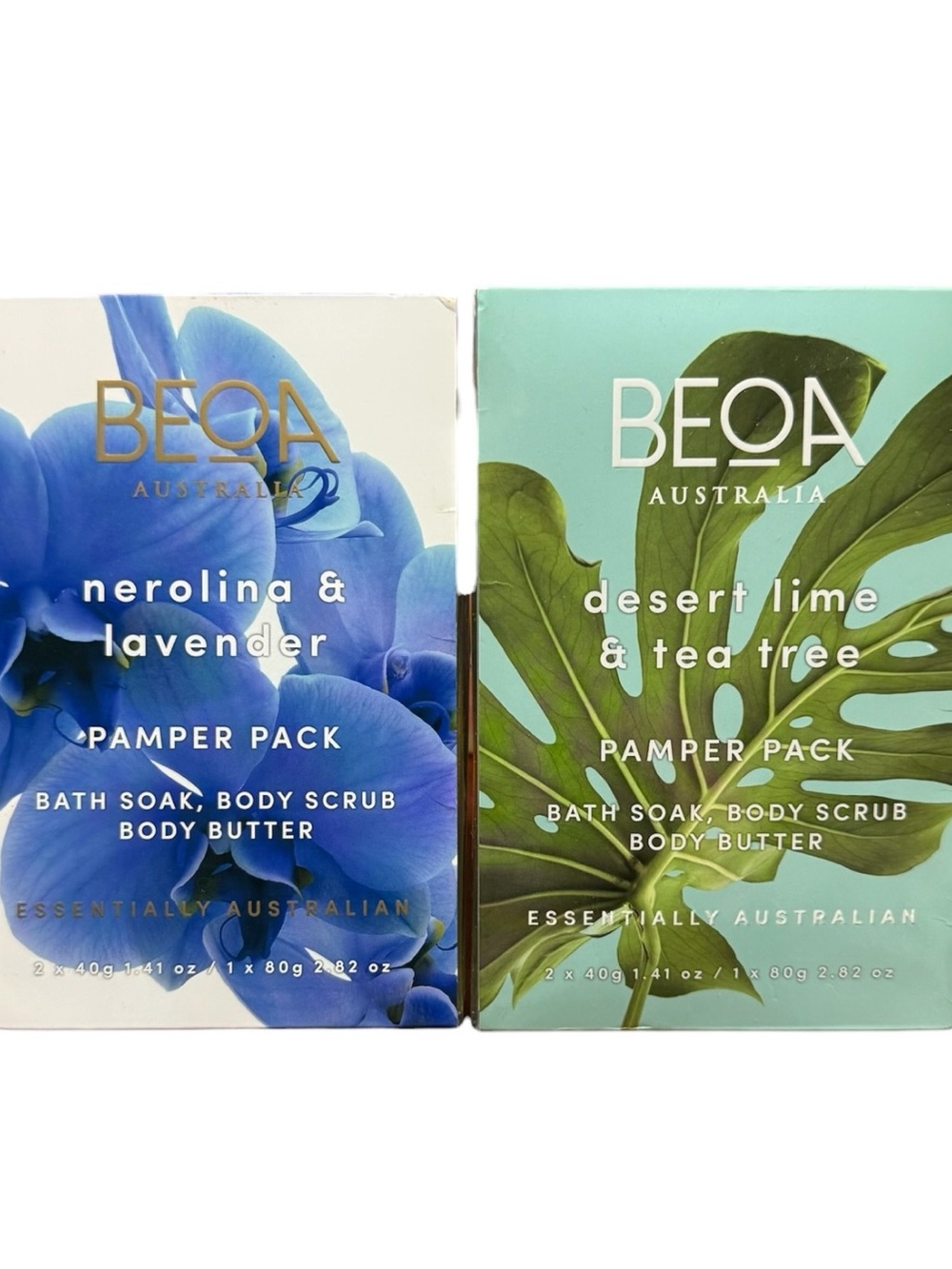 Beoa Australia pamper packs nerolina & lavender, desert lime & tea tree set